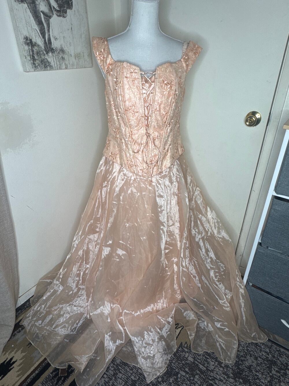 Vtg 90s Aspeed USA Peach Corset Ball Gown Prom Princess Dress Sz XL Y2K Fairy